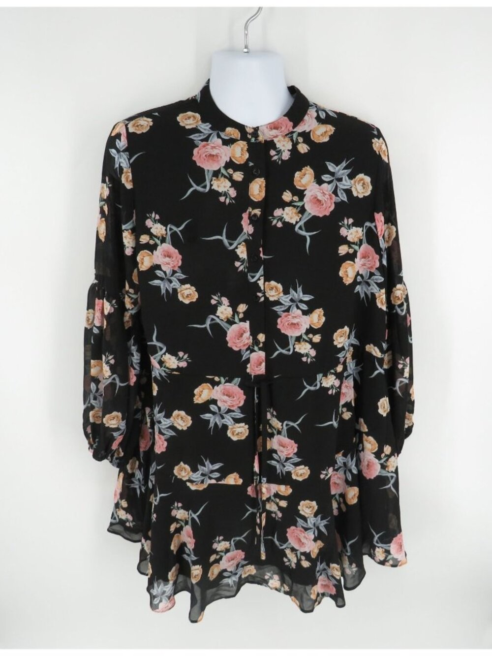 Floral Black Tunic Dress XL Long Sleeves Lightweight Polyester